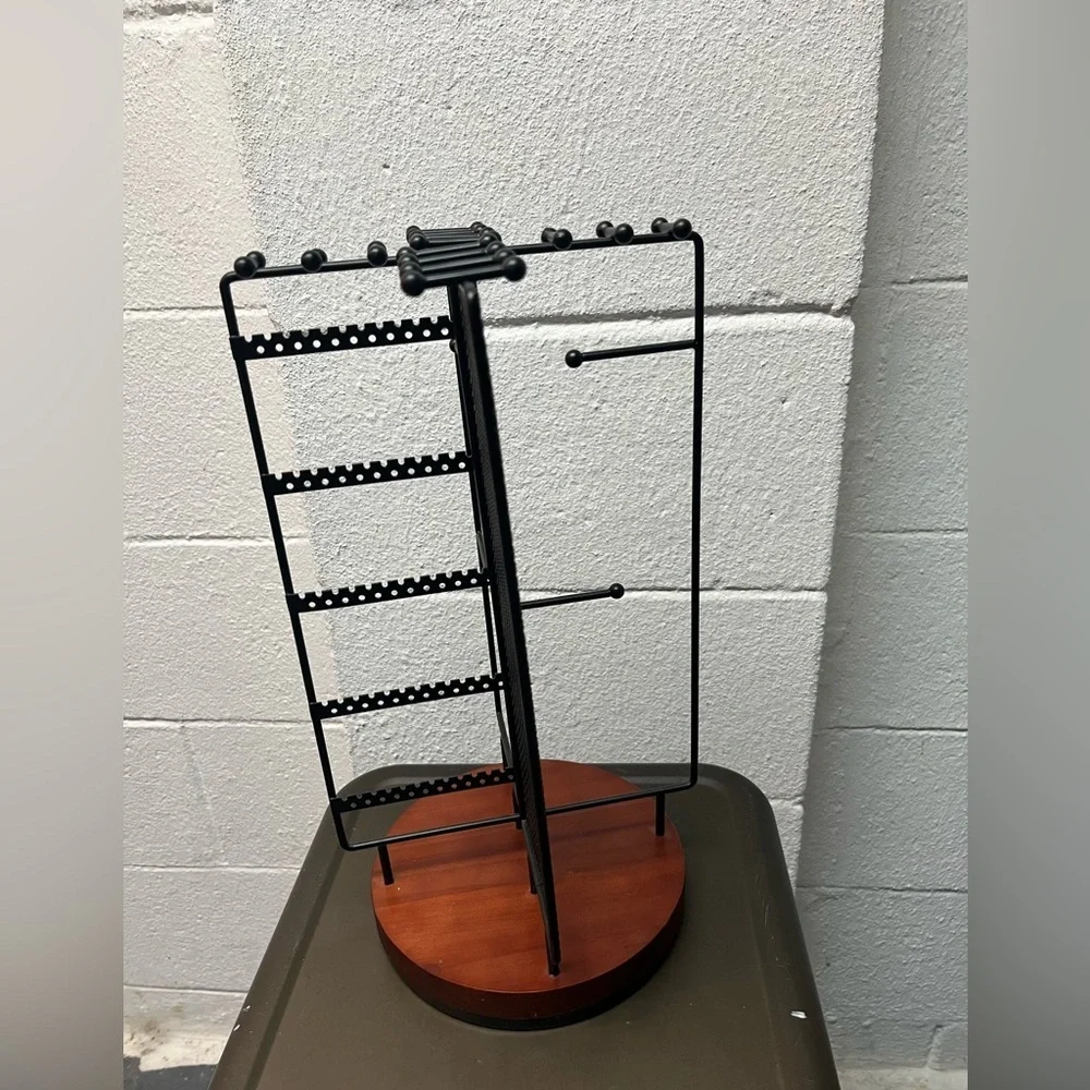 Black Metal Jewelry Stand with Wooden Base